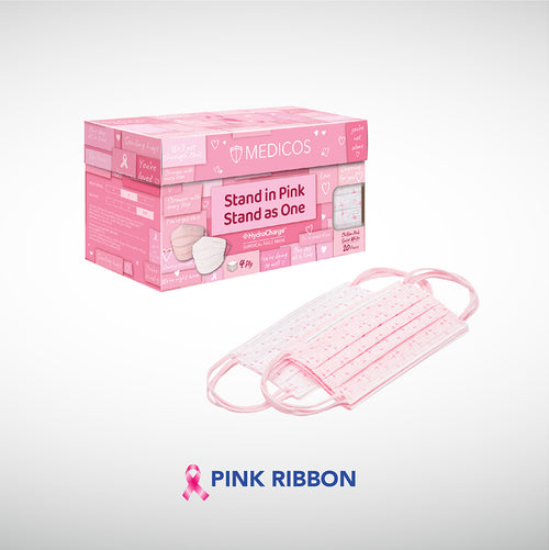 MEDICOS 4-ply HydroCharge ™ Surgical Face Mask - Regular Fit (Pink Ribbon) [20 pcs/box]