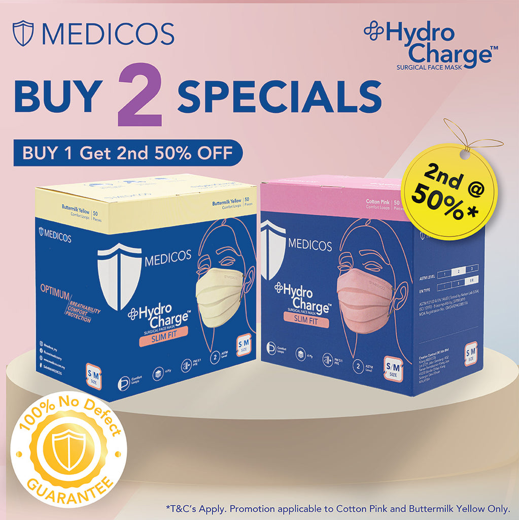 2nd 50% Off  - HydroCharge™ Slim Fit 4ply Surgical Face Mask (Cotton Pink + Buttermilk Yellow)