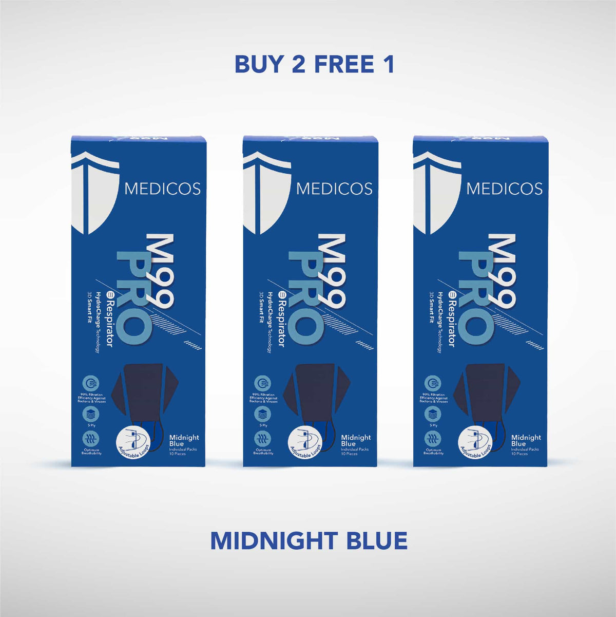 {Buy 2 Free 1} MEDICOS 5-ply M99 PRO Respirator (Adjustable Ear Loop) - Adult [3 Boxes, 10 pcs/box]