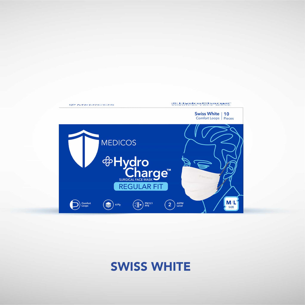 10 pcs HydroCharge™ Regular Fit 4ply Surgical Face Mask (Swiss White)